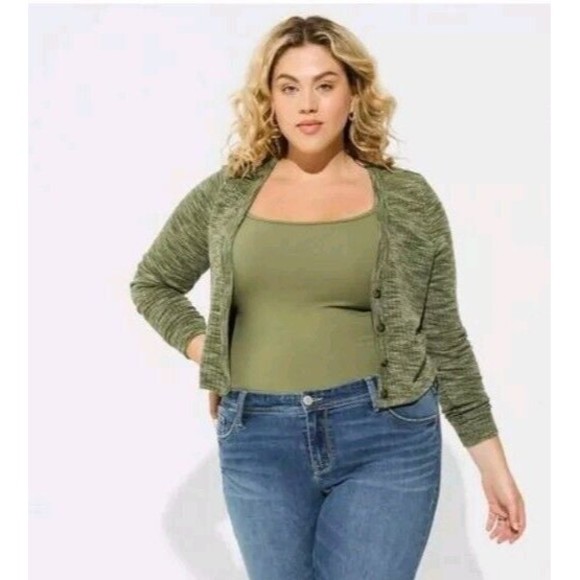 New Torrid Sz 3 Plus 22/24 Hunter Green Space Dye Crop Cardigan V-Neck Sweater - Picture 1 of 10